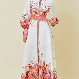 Mainstrip Avara Floral Belted Maxi Shirt Dress White Pink Orange Medium NWT
